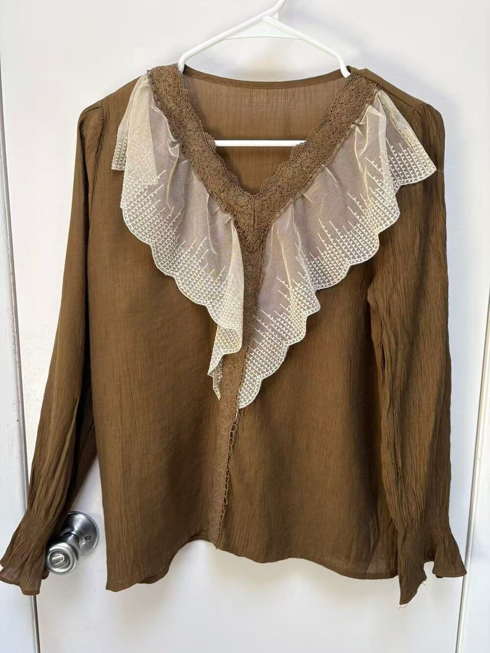 Vintage Mori Kei Lace Collar Blouse Brown Boho Fairycore Long Sleeve Top Medium